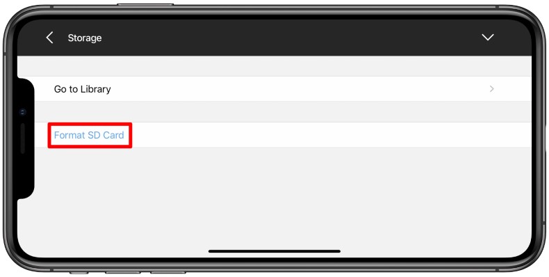Format SD card option in Mevo app