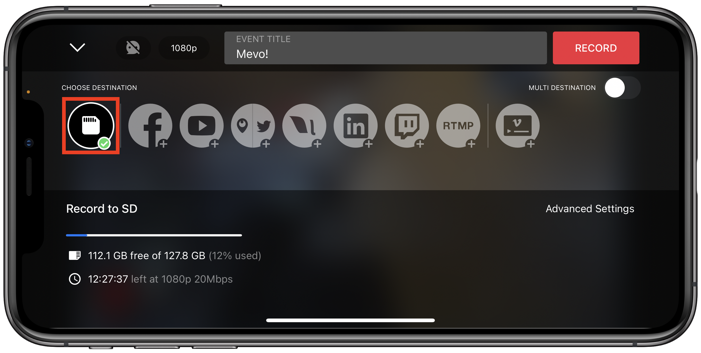 SD card icon on Mevo Destinations screen