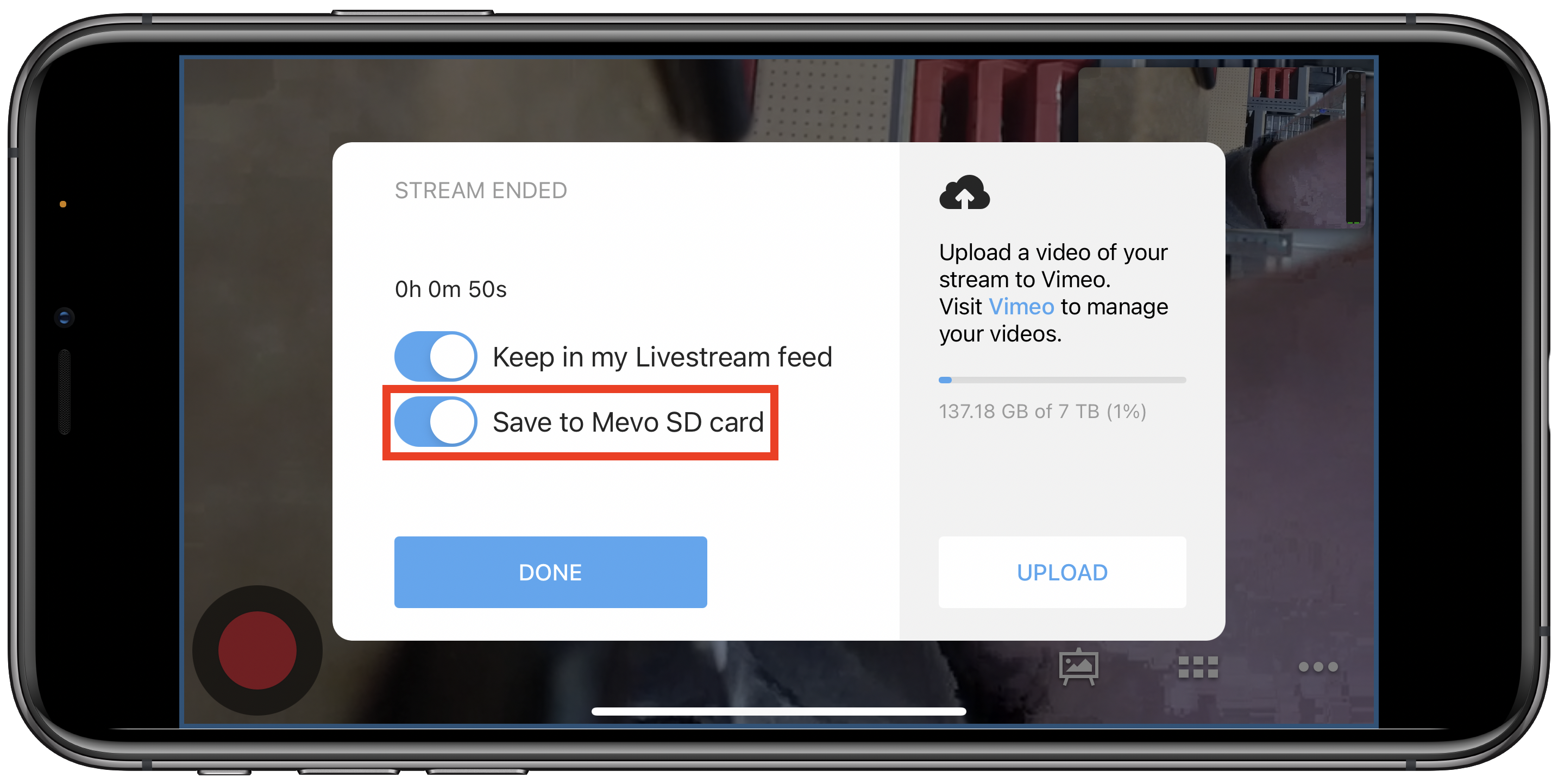 Save recording toggle in Mevo app
