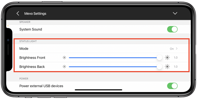 Mevo Start status light settings