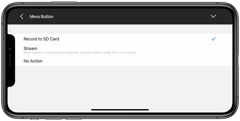 Button Action Options in Mevo Settings