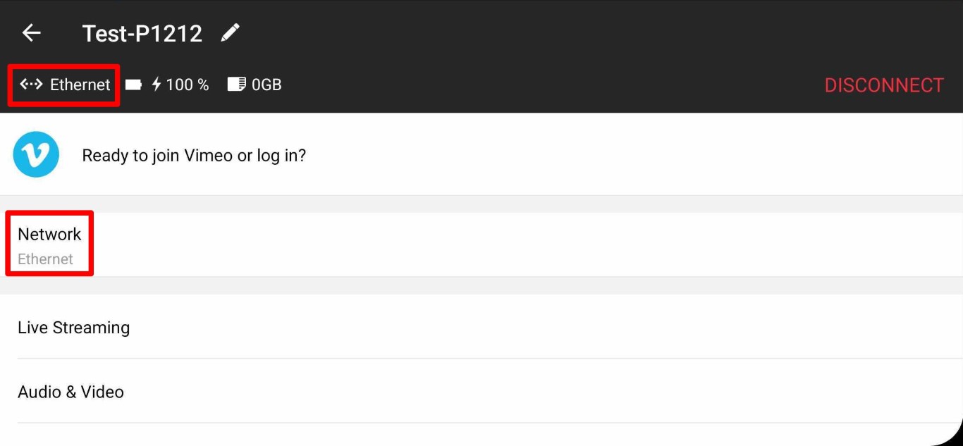 Mevo app showing Ethernet status