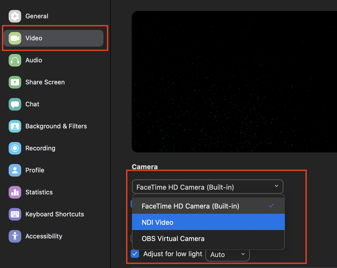 Zoom - NDI Video Selected