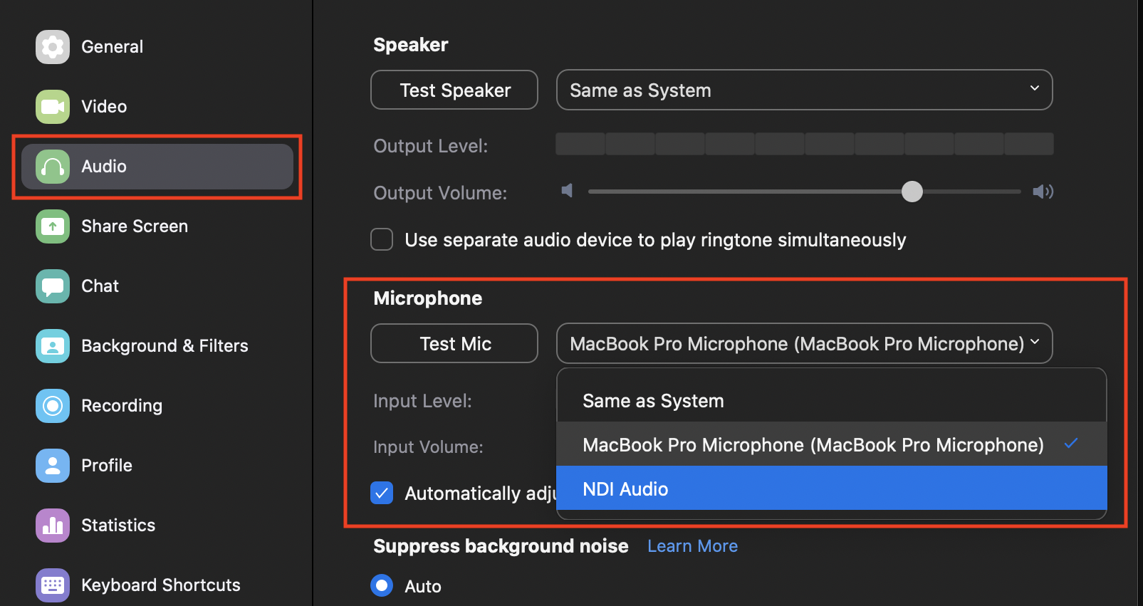 Zoom - Select NDI Audio