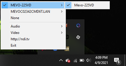 NDI Camera Selection Menu