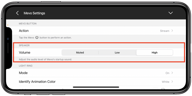 Volume settings for Mevo Plus and 1st Gen