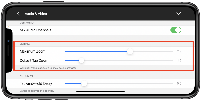 Zoom settings sliders: Max Zoom and Default Tap Zoom