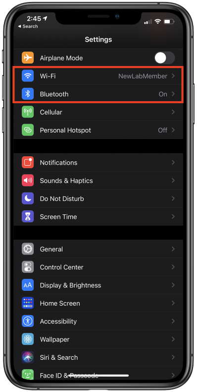 Bluetooth and Wi-Fi settings on iOS