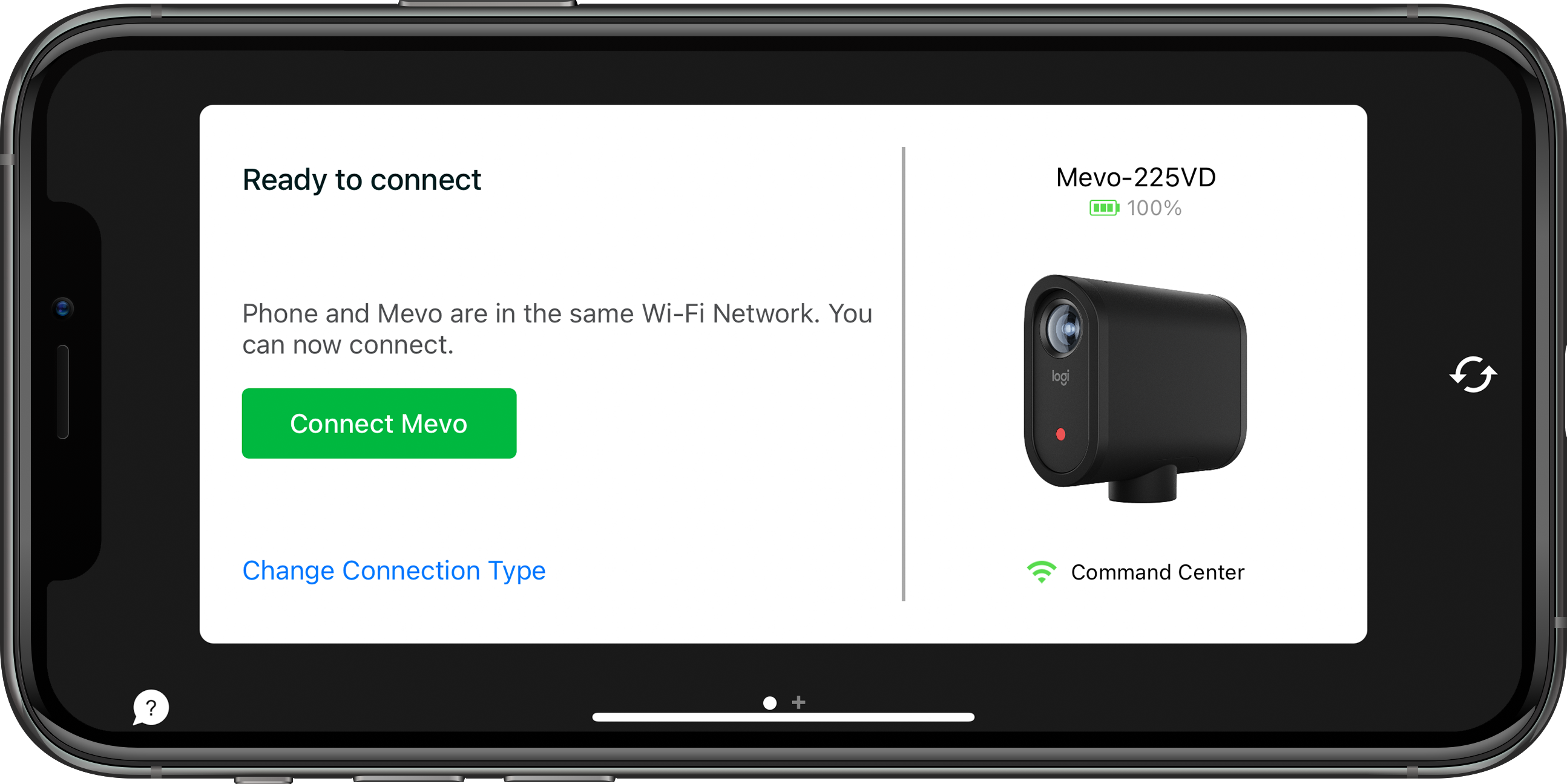 Connection complete - connect Mevo button