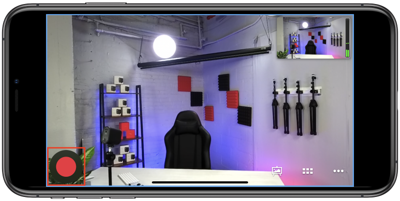 Red record/go live button in lower-left corner