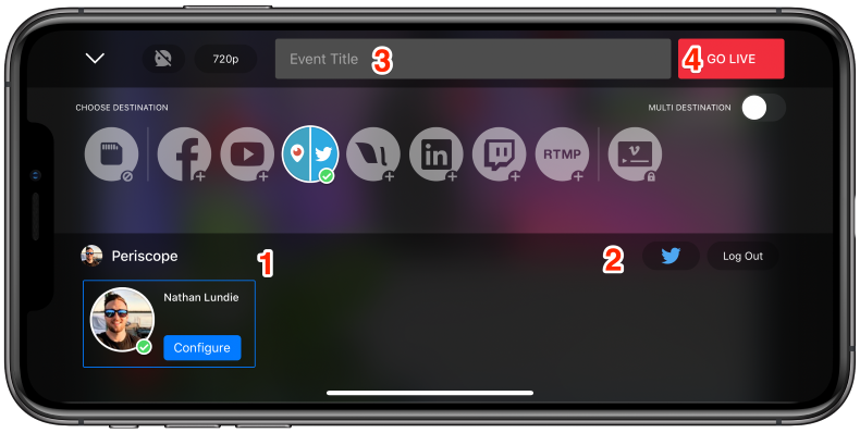 X streaming options in the Mevo app