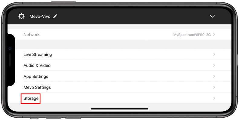 Access Storage settings in Mevo app