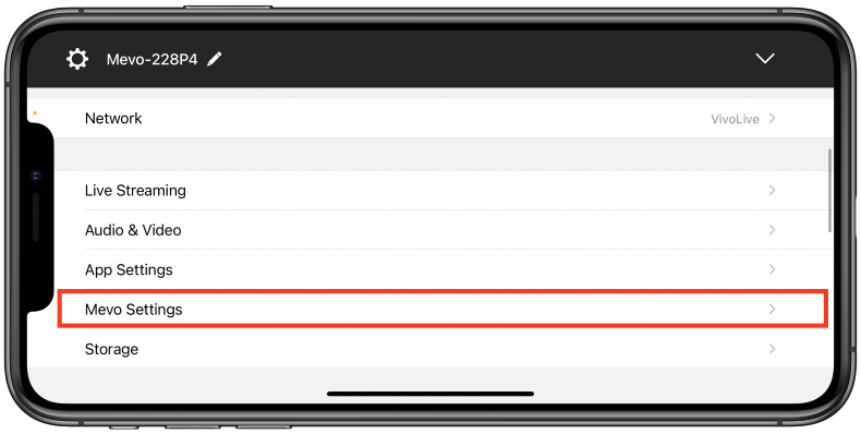 Screenshot showing the Mevo Settings menu