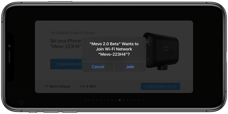 Reconnect to Mevo Hotspot screen