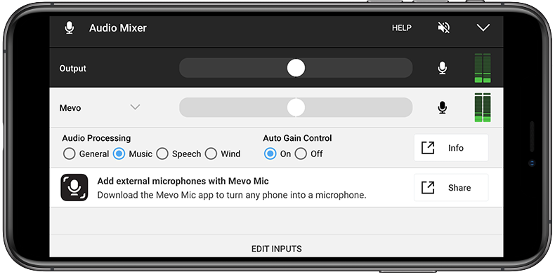 Audio settings panel in Mevo App