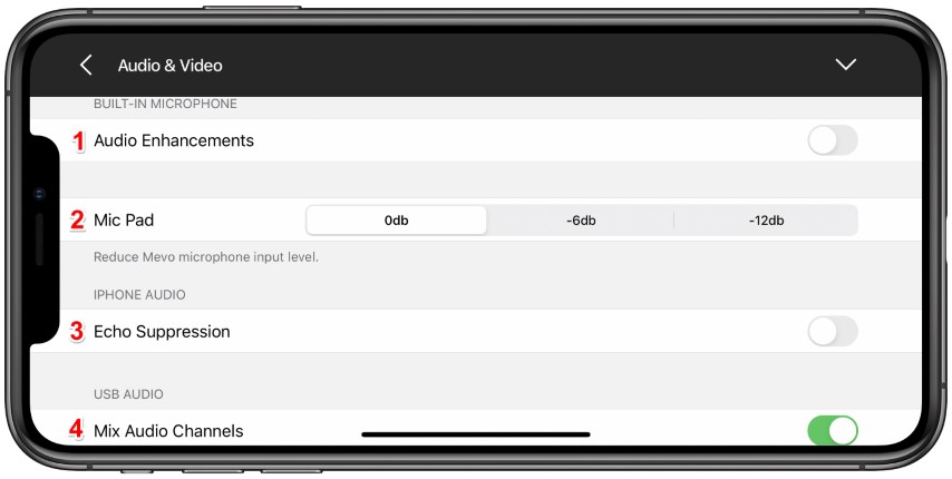 Audio settings menu