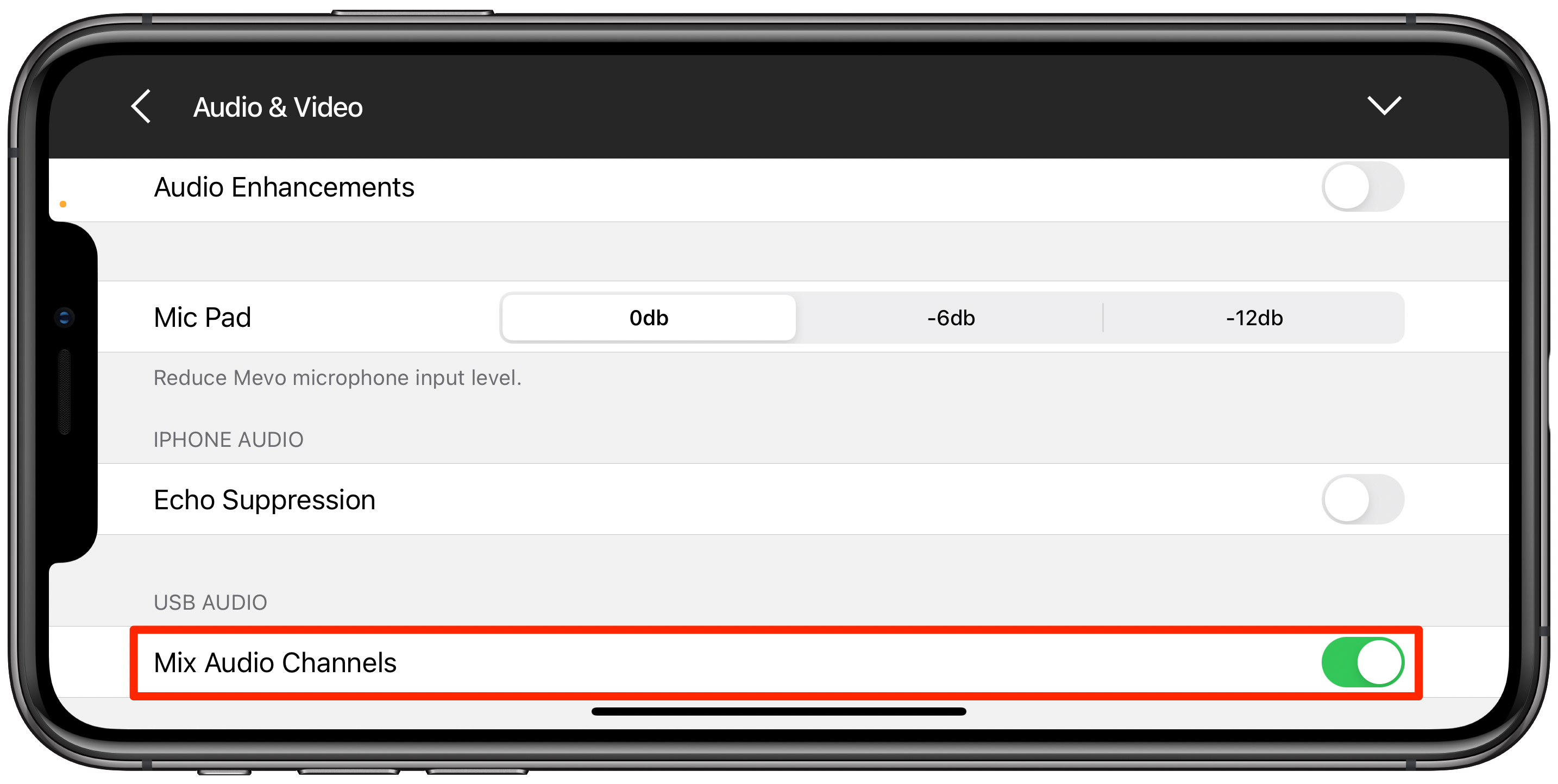 Mix audio channels toggle