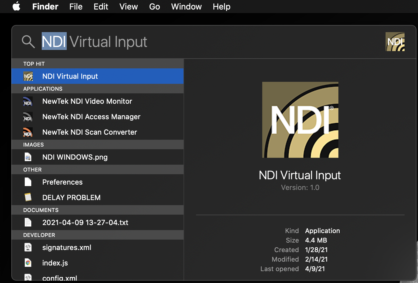NDI Virtual Input - Spotlight Search